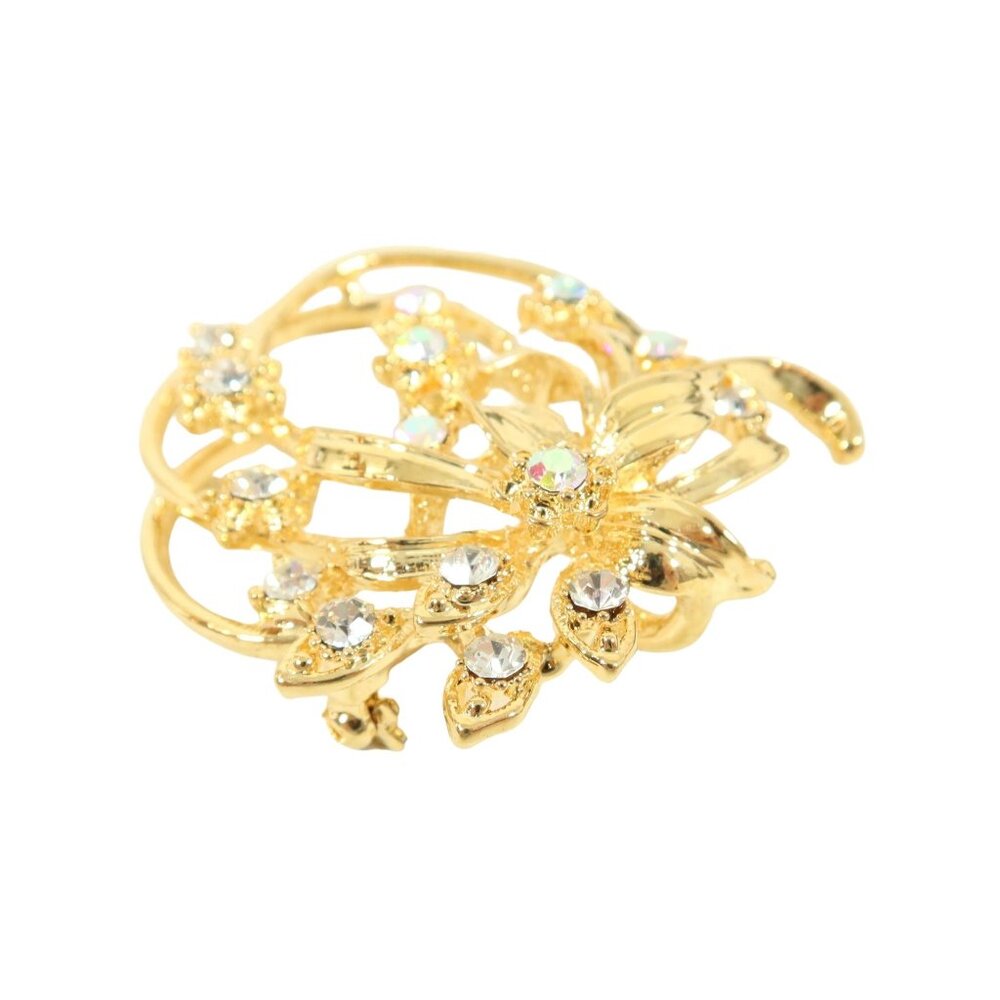 Vintage Gold Tone Clear & Aurora Borealis Foral Flower Looped Brooch Pin 2" - Picture 3 of 6